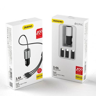 5. Dudao 3w1 ładowarka samochodowa USB 3,4 A wbudowany kabel Lightning / USB Typ C / micro USB czarny (R5ProN black)