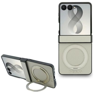 Etui Guess Magnetic Ring Stand Grained Classic Logo MagSafe na Samsung Galaxy Z Flip 8 - beżowe