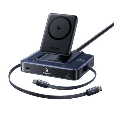 Stacja ładująca Baseus Nomos NH21 6w1 245W bezprzewodowa z dwoma zwijanymi kablami USB-C - czarna