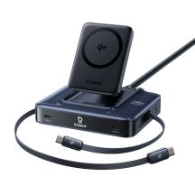 Stacja ładująca Baseus Nomos NH21 6w1 245W bezprzewodowa z dwoma zwijanymi kablami USB-C - czarna