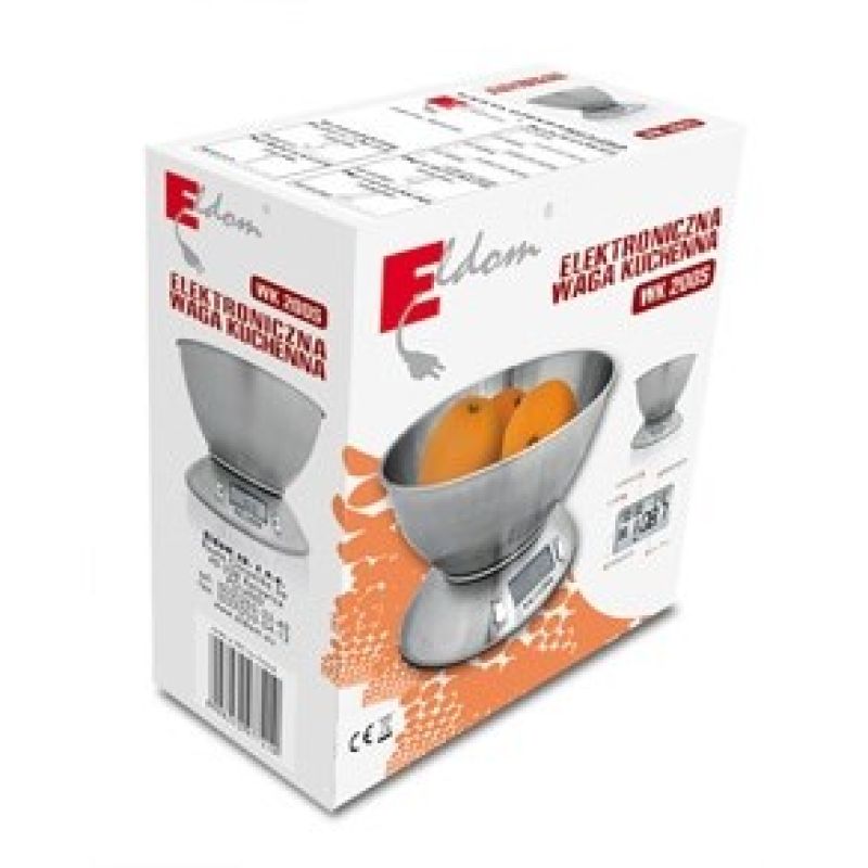 2. ELDOM WAGA KUCHENNA ELEKTRONICZNA WK320S RENA DOKŁADNOSĆ 1 G WAŻY DO 5 KG WYŚWIETLACZ LED STALOWA Z MISKĄ