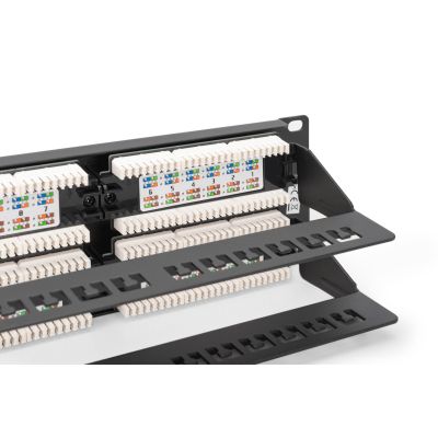 2. Digitus Panel krosowy (patch panel) 19'' 48x RJ45, LSA pion, kat.6, nieekranowany, 2U, czarny, prowadnica kabli, pola opisowe