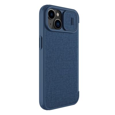 4. Nillkin Qin Cloth Pro Case etui do iPhone 14 Plus osłona na aparat kabura pokrowiec obudowa z klapką niebieski