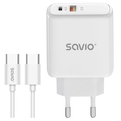 SAVIO ŁADOWARKA SIECIOWA 20W + KABEL QUICK CHARGE POWER DELIVERY 3.0 BIAŁA LA-13
