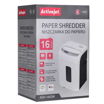 5. Niszczarka Activejet ASH-1602M, P-5, 28 l, ścinki 2x14 mm, 16 kartek, biała