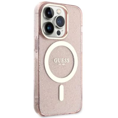 4. Etui Guess Glitter Gold MagSafe na iPhone 14 Pro - różowe