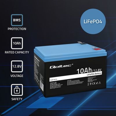 2. Qoltec 53713 Akumulator LiFePO4 Litowo-Żelazowo-Fosforanowy | 12.8V | 10Ah | 128Wh | BMS