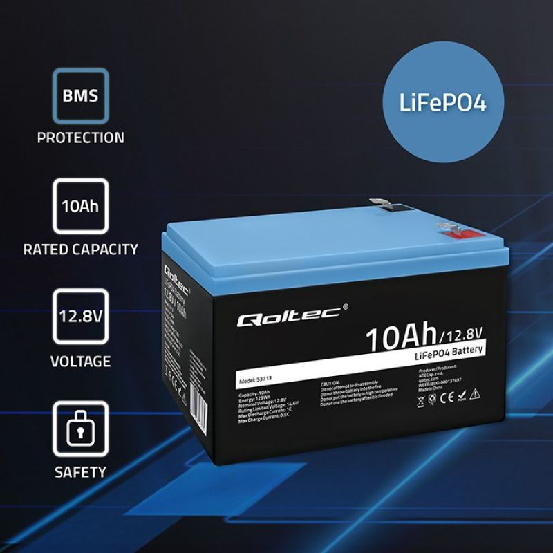 2. Qoltec 53713 Akumulator LiFePO4 Litowo-Żelazowo-Fosforanowy | 12.8V | 10Ah | 128Wh | BMS