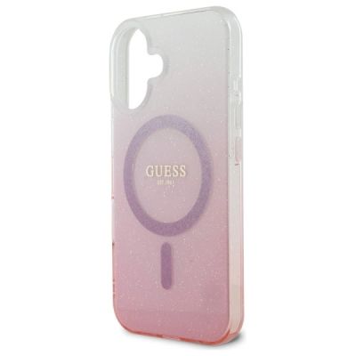 6. Etui Guess IML Glitter Gradient MagSafe na iPhone 16 - różowe