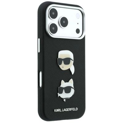 4. Etui Karl Lagerfeld Saffiano with Karl & Choupette Heads Pins & Logo na iPhone 18 Pro / 17 Pro - czarne