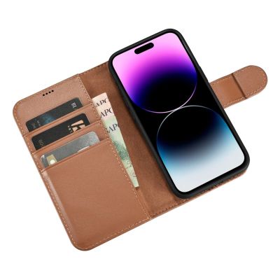 10. iCarer Wallet Case 2in1 etui iPhone 14 Pro skórzany pokrowiec z klapką Anti-RFID brązowy (WMI14220726-BN)