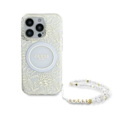 2. Etui Guess IML Flowers Allover Electro With Pearl Strap MagSafe na iPhone 16 Pro - białe