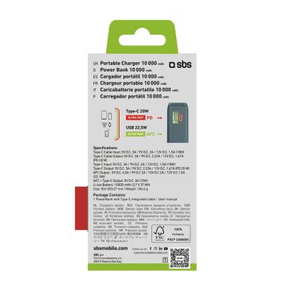 3. Powerbank SBS 10000 mAh 20W z wbudowanym kablem USB-C i wyświetlaczem cyfrowym - szary