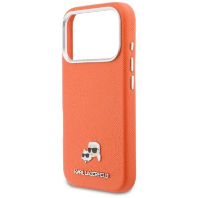 6. Etui Karl Lagerfeld Karl & Choupette Head Pins Saffiano MagSafe na iPhone 17 Pro - pomarańczowe