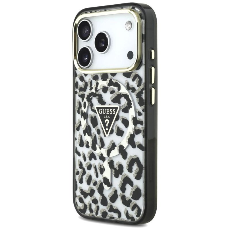 2. Etui Guess IML Leopard Glitter Triangle Logo MagSafe na iPhone 17 Pro / 18 Pro - czarne
