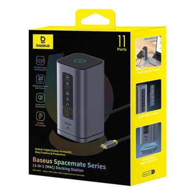 9. Stacja dokująca Baseus Spacemate hub USB-C 11w1 3xHDMI 4K 60Hz + 2xUSB-A (10Gb/s) + 1xUSB-C (10Gb/s) + RJ45 + 2xUSB-A (480Mb/s) + 1xUSB-C (PD) + 1xMinijack 3,5mm - szara