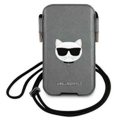 Torebka na telefon Karl Lagerfeld Saffiano Ikonik Choupette Head - szara