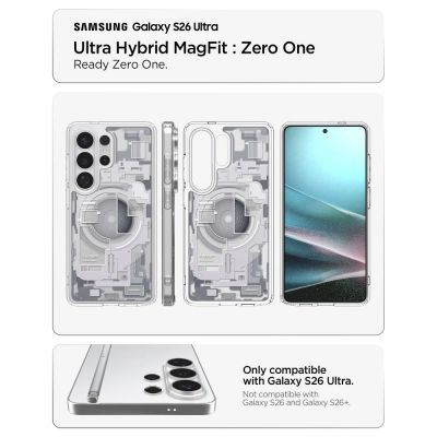 8. Etui Spigen Ultra Hybrid Mag MagSafe na Samsung Galaxy S26 Ultra Zero One - przezroczysto-białe