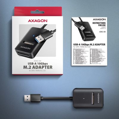 7. Obudowa SSD Axagon ADM2-AM USB-A 10Gbps - M.2 NVMe & SATA SSD adaptér, kabelis USB-A 10cm Czarny