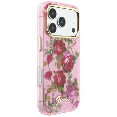 4. Etui Guess IML Glitter Blossom Roses na iPhone 17 Pro / 18 Pro - różowe