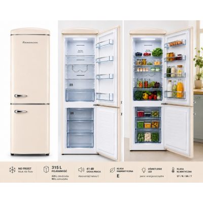 6. Lodówka Retro Ravanson LKK-315RC 597mm x 707mm x 1943 mm | 315l | Total No Frost | klasa E | kremowy