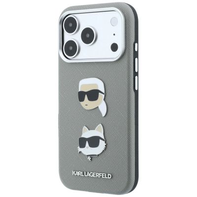2. Etui Karl Lagerfeld Saffiano with Karl & Choupette Heads Pins & Logo na iPhone 18 Pro Max / 17 Pro Max - szare