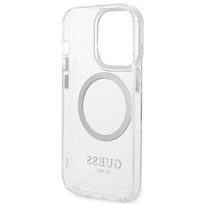 7. Etui Guess Metal Outline MagSafe na iPhone 14 Pro - srebrne