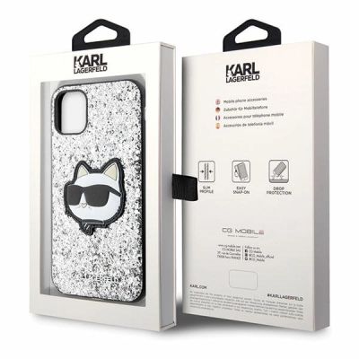 8. Etui Karl Lagerfeld Glitter Choupette Patch na iPhone 11 / Xr - srebrne