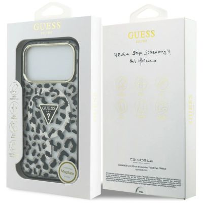 8. Etui Guess IML Leopard Glitter Triangle Logo MagSafe na iPhone 17 Pro / 18 Pro - czarne