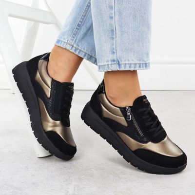 5. Komfortowe półbuty damskie czarno-złote Remonte D2V02-04