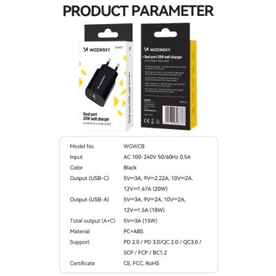 5. Ładowarka sieciowa Wozinsky WGWCB USB-A USB-C 20W - czarna