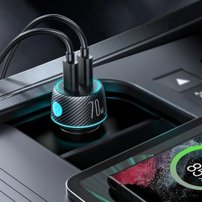 4. Ładowarka samochodowa 2x USB C 70W z podświetleniem LED Joyroom JR-CCN02 - czarna
