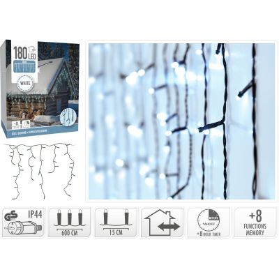 LAMPKI CHOINKOWE KURTYNA ŚWIETLNA ZEW 180 LED STEROWNIK TIMER ZIMNY BIAŁY KABEL ZIELONY