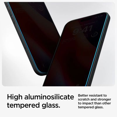 8. Szkło hartowane Spigen Glas.tR EzFit prywatyzujące na iPhone 15 / 16 z adapterem (2 szt.)