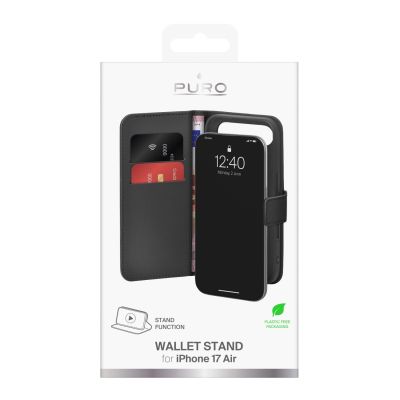 2. Etui Puro Wallet Stand na iPhone 17 Air z ekoskóry, z klapką, portfelem i funkcją podstawki - czarne