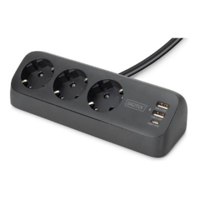 Digitus 3-drożna biurowa listwa zasilająca z 2 złączami USB-A i 1 złączem USB-C, czarna