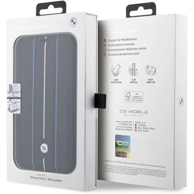 7. Etui BMW Leather Stamp Blue Lines na iPhone 14 Pro - czarne