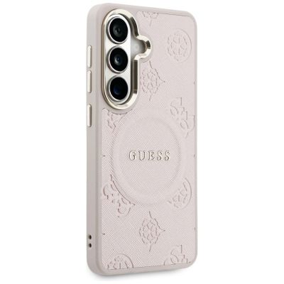 4. Etui Guess Saffiano Peony Embossed Ring MagSafe na Samsung Galaxy S26 - różowe