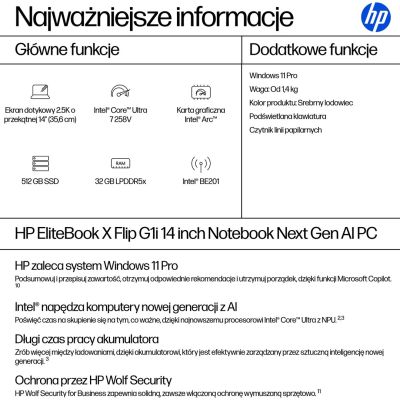 60. HP EliteBook X Flip G1i Next Gen AI Copilot+ PC Intel Core Ultra 7 258V Hybryda (2w1) 35,6 cm (14") Ekran dotykowy 2.5K 32 GB LPDDR5x-SDRAM 512 GB SSD Wi-Fi 7 (802.11be) Windows 11 Pro Srebrny