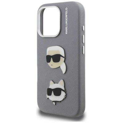 6. Etui Karl Lagerfeld FW Grained Karl & Choupette Heads Pins na iPhone 16 Pro - szare