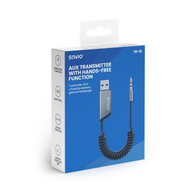 8. SAVIO TRANSMITER AUX, USB, BLUETOOTH 5.3, FUNKCJA ZESTAWU GŁOŚNOMÓWIĄCEGO, TR-16