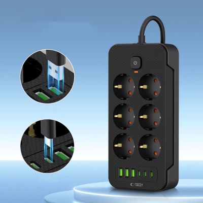 3. Listwa zasilająca Tech-Protect PC6X6 6 gniazd 240V + 3xUSB-A + 3xUSB-C 200cm - czarna