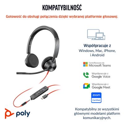 178. Słuchawki Poly Blackwire 3325 Stereo MS Teams Certified USB-C Headset +3.5mm Plug +USB-C/A Adapter 8X222AA
