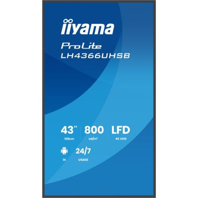 9. iiyama LH4366UHSB-B1AG signage display Płaski panel Digital Signage 109,2 cm (43") LCD Wi-Fi 800 cd/m2 4K Ultra HD Czarny Procesor wbudowany Android 24/7