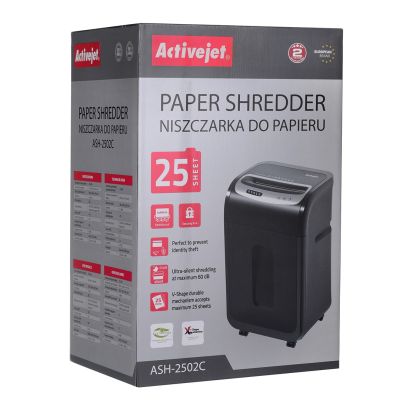 12. Niszczarka Activejet ASH-2502C, P-4, 28 l, ścinki 4x40 mm, 25 kartek, czarna