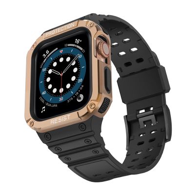 2. Pasek z etui ochronnym Protect Strap Band do Apple Watch 42 / 44 / 45 mm opaska obudowa pancerna - czarny, różowe złoto