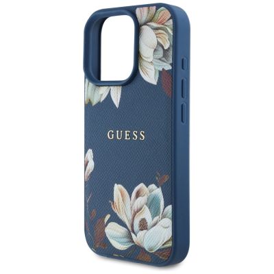 6. Etui Guess Grained Printed Flower Pattern MagSafe do iPhone 16 Pro niebieski