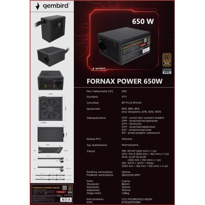 14. GEMBIRD ZASILACZ KOMPUTEROWY FORNAX POWER 650W 80+BRONZE ATX, 650W, AKTYWNE PFC, 12CM WENTYLATOR