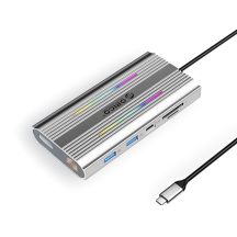 Stacja dokująca USB-C Orico XDR 12w1 RGB USB-A USB-C 2x HDMI 4K 60 Hz DisplayPort 4K 60 Hz RJ45 Gigabit PD 100 W czytnik kart SD i microSD - srebrna