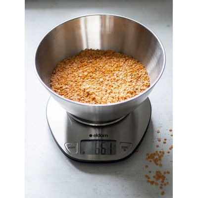 16. ELDOM WAGA KUCHENNA ELEKTRONICZNA WK320S RENA DOKŁADNOSĆ 1 G WAŻY DO 5 KG WYŚWIETLACZ LED STALOWA Z MISKĄ